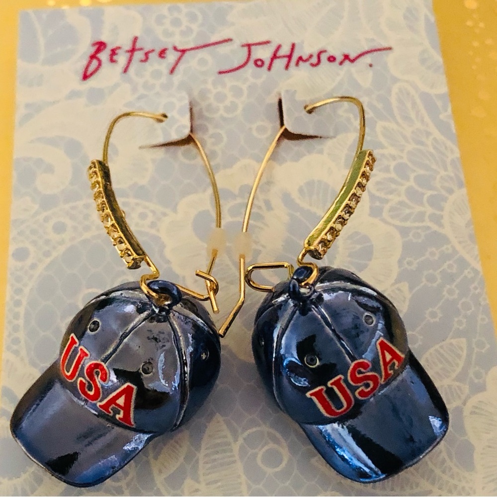 Authentic Betsey Johnson Earrings - Patriotic USA Rhinestone Baseball Hats, NWT